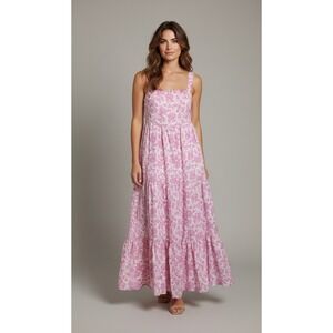 Pink Floral Tiered Maxi Dress Tie Back Cutout Prairiecore Sundress